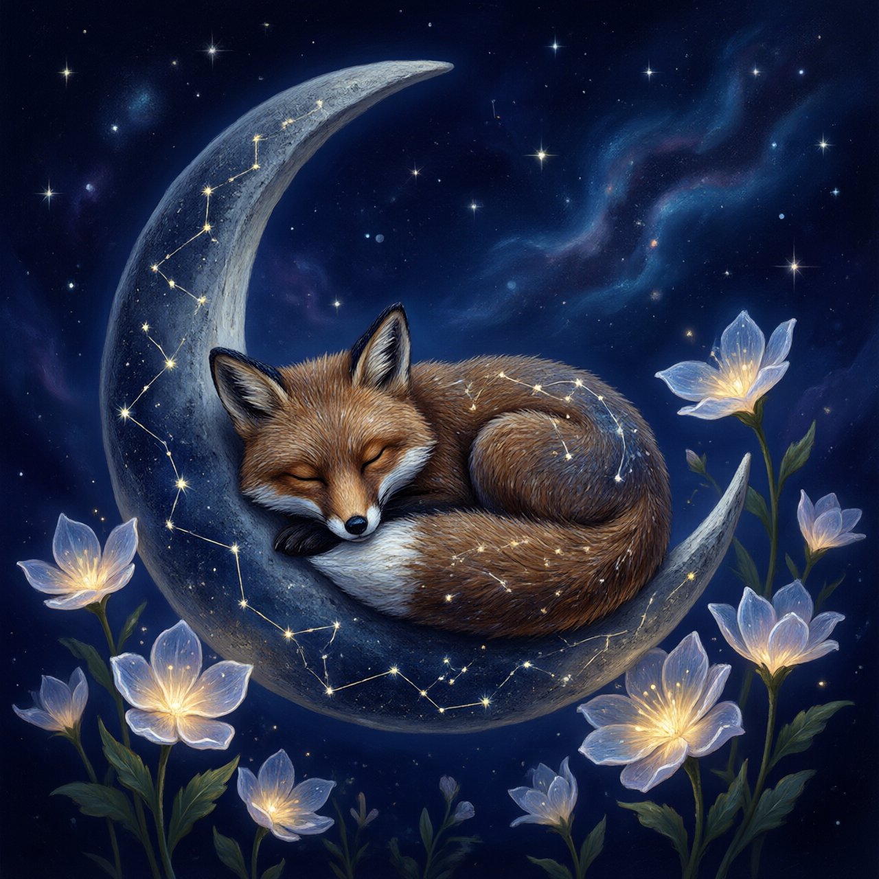 A miniature, intricately detailed fox crafted from living constellations, curled asleep atop a crescent moon. Surrounding it are delicate, bioluminescent flowers that pulse with gentle light, casting intricate shadows. The background is a deep indigo sky filled with swirling nebulae and distant, twinkling stars. The overall aesthetic is dreamlike and whimsical, with a painterly finish and a touch of cosmic wonder. — Qwen Image 3.0