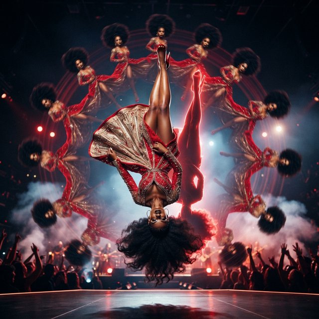 Image of a pop-dance African-American diva. The woman hangs completely inverted in mid-air, head pointing toward the floor and legs toward the ceiling. Her huge hair falls and spreads dramatically in the opposite direction, while her expression remains cool and composed. Her red gown is turned inside out, exposing its sparkling lining, seams, and construction. To push the surrealism further, a second, reversed version of her silhouette appears to peel outward from her original form, like a three-dimensional reflection escaping its owner. Multiple copies of the woman circle around a central point, each rotated to a different angle. Their flowing hair and red gowns form a pinwheel or circular vortex, creating the impression that one woman is spinning endlessly around herself. — Nano Banana 2 Lite