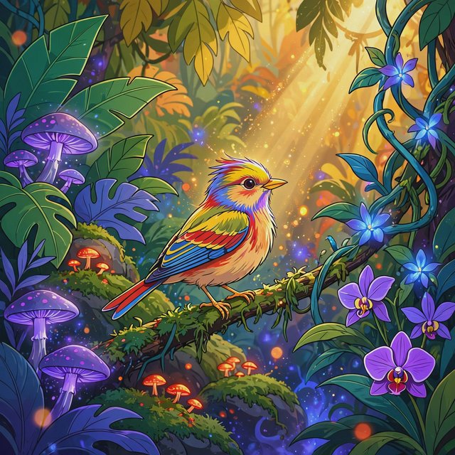 Create a vibrant digital artwork with clean lines depicting a small, colorful bird in the jungle. Combine rich, warm tones—such as soft orange, bold red, and dynamic yellow—with cool colors like brilliant blue, emerald green, and radiant violet. The atmosphere should feel fairytale-like, enhanced by striking lighting that underscores the scene's magic. Use bright, bold colors harmoniously to create a balanced composition. The overall style should be imaginative and captivating, transporting the viewer to another world. — Muse Image 1.0