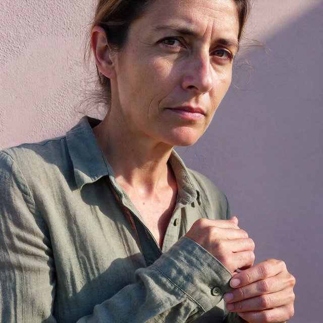 Portrait photograph of an adult woman in her late 30s wearing a moss-green cotton poplin shirt, fingers lightly turning its rolled cuff. Her calm, observant expression faces the camera against a chalky lavender backdrop, lit by soft diffused skylight. — ImagineArt 1.5 Pro