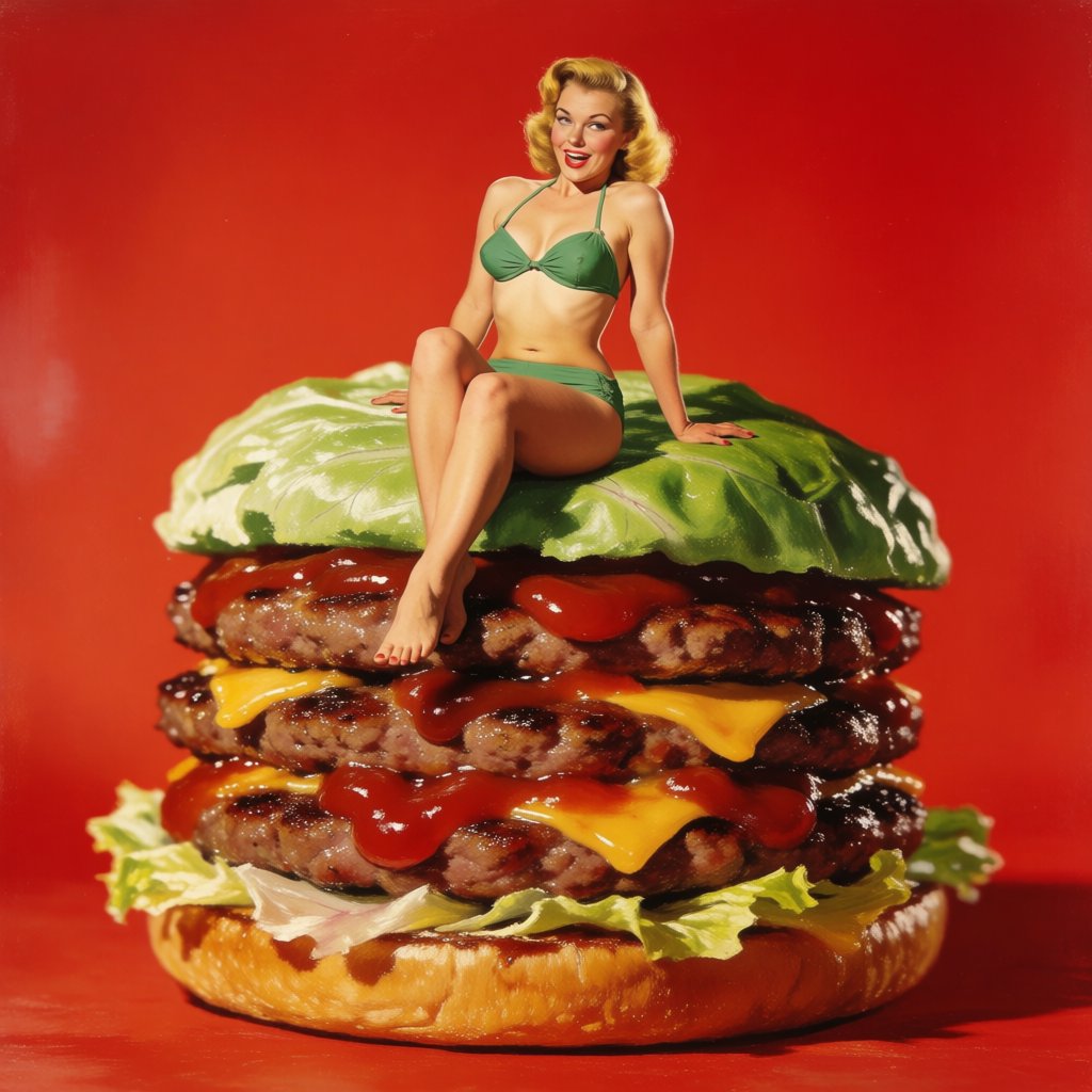 A 1950s pin-up-style photo of a bikini-clad woman sitting on a giant hamburger. — Krea 2 Medium