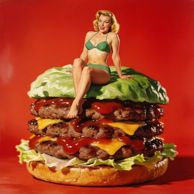 A 1950s pin-up-style photo of a bikini-clad woman sitting on a giant hamburger. — Krea 2 Medium