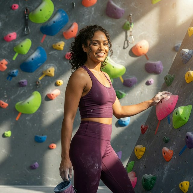 Editorial glamour photograph of an adult woman in a plum fitness set, pausing naturally beside a sunlit indoor climbing wall, flattering side light tracing colorful holds, loose curls and an easy, confident smile. — Grok Imagine Image Quality