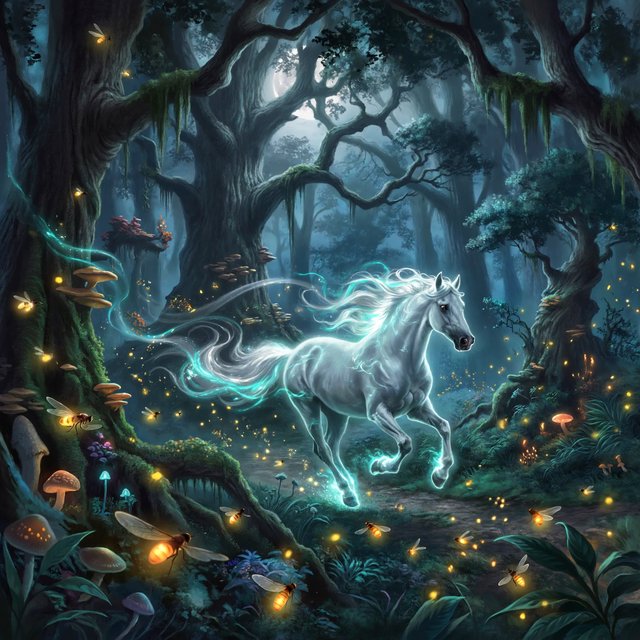 A majestic horse with a spectral mane and tail gallops through an enchanted, moonlit forest. Glimmering fireflies illuminate the path, casting an ethereal glow on ancient trees. The horse appears translucent, as if it's a phantom from another realm. The style is digital art, with surrealism and cinematic lighting to enhance the mysterious atmosphere — ImagineArt 2