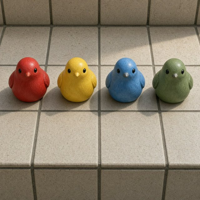 On a sunlit tiled ledge, exactly four ceramic bird figurines form a row: red at far left, yellow at left-center, blue at right-center, and green at far right; all face forward, nothing else. — Grok Imagine Image 2