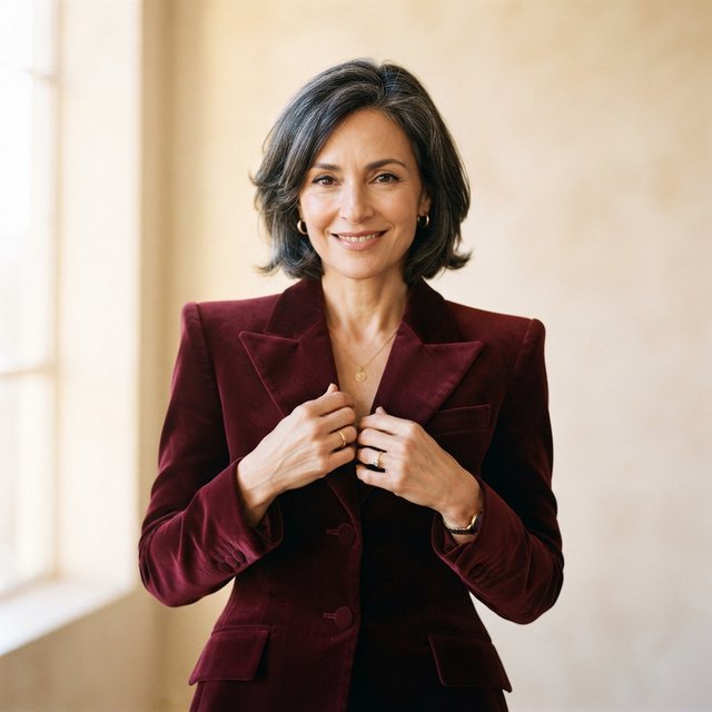 Fashion portrait of an adult woman in her early 50s wearing a sculptural burgundy velvet jacket, her hands lightly gathering its lapel. A wry, composed expression meets the camera against a warm ivory plaster backdrop, lit by soft late-afternoon window glow. — Nano Banana 2 Lite