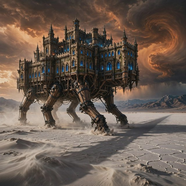 A colossal walking citadel crosses a salt desert, its ironwood legs striding through windblown dunes beneath a copper storm. Blue furnace light leaks from carved windows, casting a long shadow toward distant mountains. — Muse Image 1.0