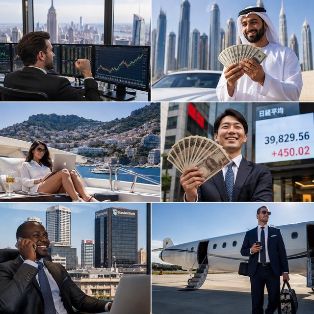 An image about people making a lot of money around the world, shown in 4–6 scenes. Realistic image. — GPT Image 2.5 Sunburst