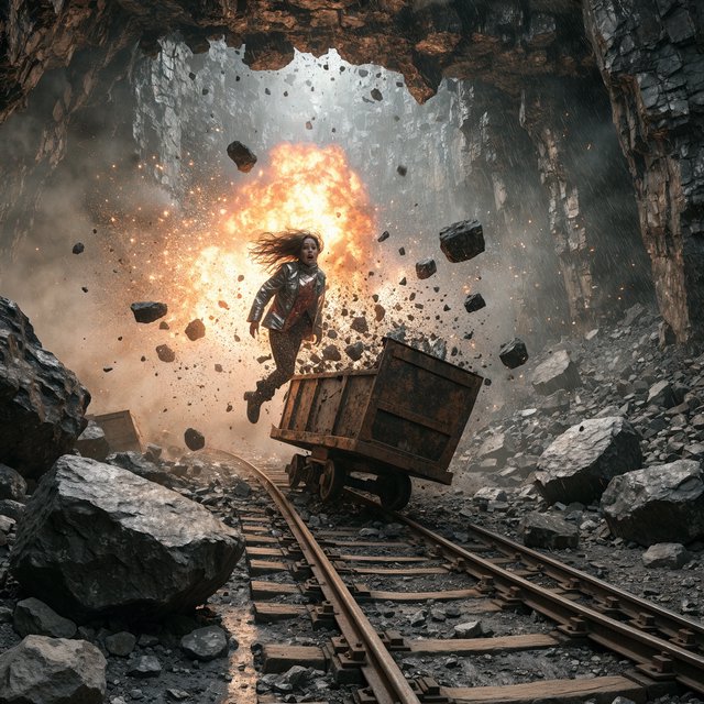 Collapsing mine, woman in a futuristic outfit, in a runaway mine cart. The cart is moving towards the foreground. Behind her cart, there was a huge explosion in the mine. The impact of the explosion is so great that it has knocked the cart off the tracks and sent the rider flying. Angle the empty cart, which is in the process of shattering, close to the woman. Focus the image on the female rider who has flown off the cart. Ensure her features are photorealistic. Make the scene photorealistic, explosive, and exciting as if it is from an action-packed movie. — Recraft v4 Pro