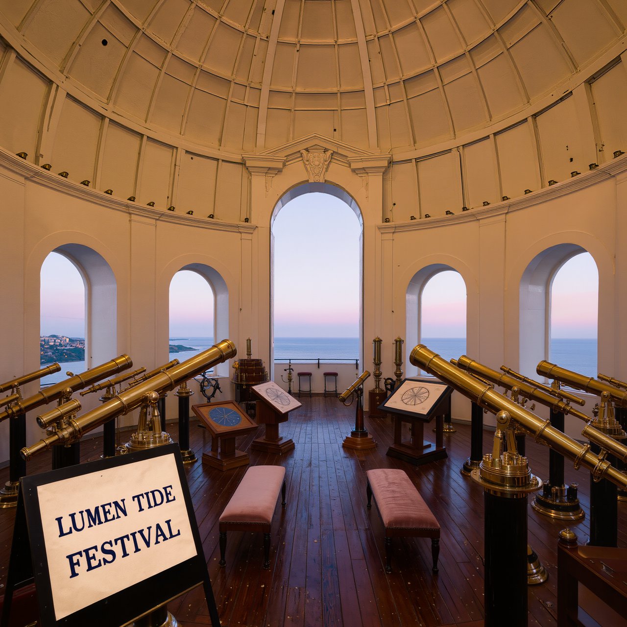 At a restored seaside observatory, a twilight meteor-watching event fills the domed hall with brass instruments, star charts, and velvet benches; "LUMEN TIDE FESTIVAL" is hand-printed in deep blue ink across a cream paper announcement beside the entrance. — Kling v3