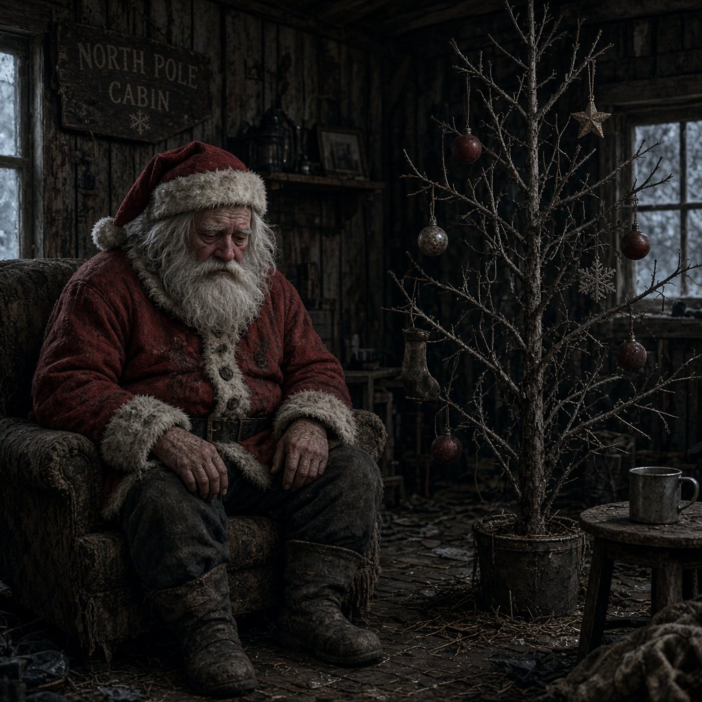 A melancholic, somewhat disheveled Santa Claus in a worn, dirty coat. He sits in his cabin at the North Pole next to a desolate, needleless Christmas tree, its decorations hanging only sporadically. The aura radiates a quiet despair. — Grok Imagine Image 2