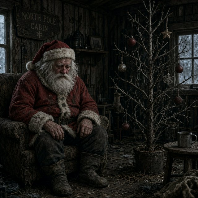 A melancholic, somewhat disheveled Santa Claus in a worn, dirty coat. He sits in his cabin at the North Pole next to a desolate, needleless Christmas tree, its decorations hanging only sporadically. The aura radiates a quiet despair. — Grok Imagine Image 2