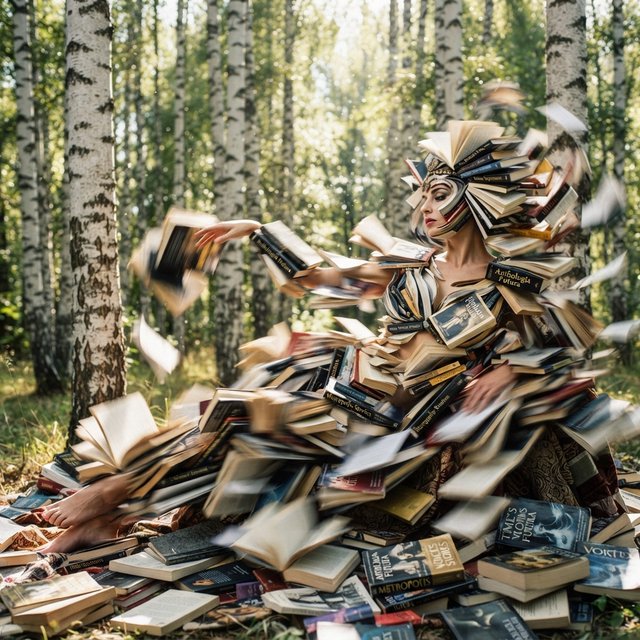 Create an adult odalisque entirely made of anthologies. The odalisque is formed from an anthology, with movement and motion blur that clearly shows its composition. The material should appear high quality, with dappled sunlight. The background is a birch forest, and the overall mood is Futurism. — Nano Banana 2 Lite