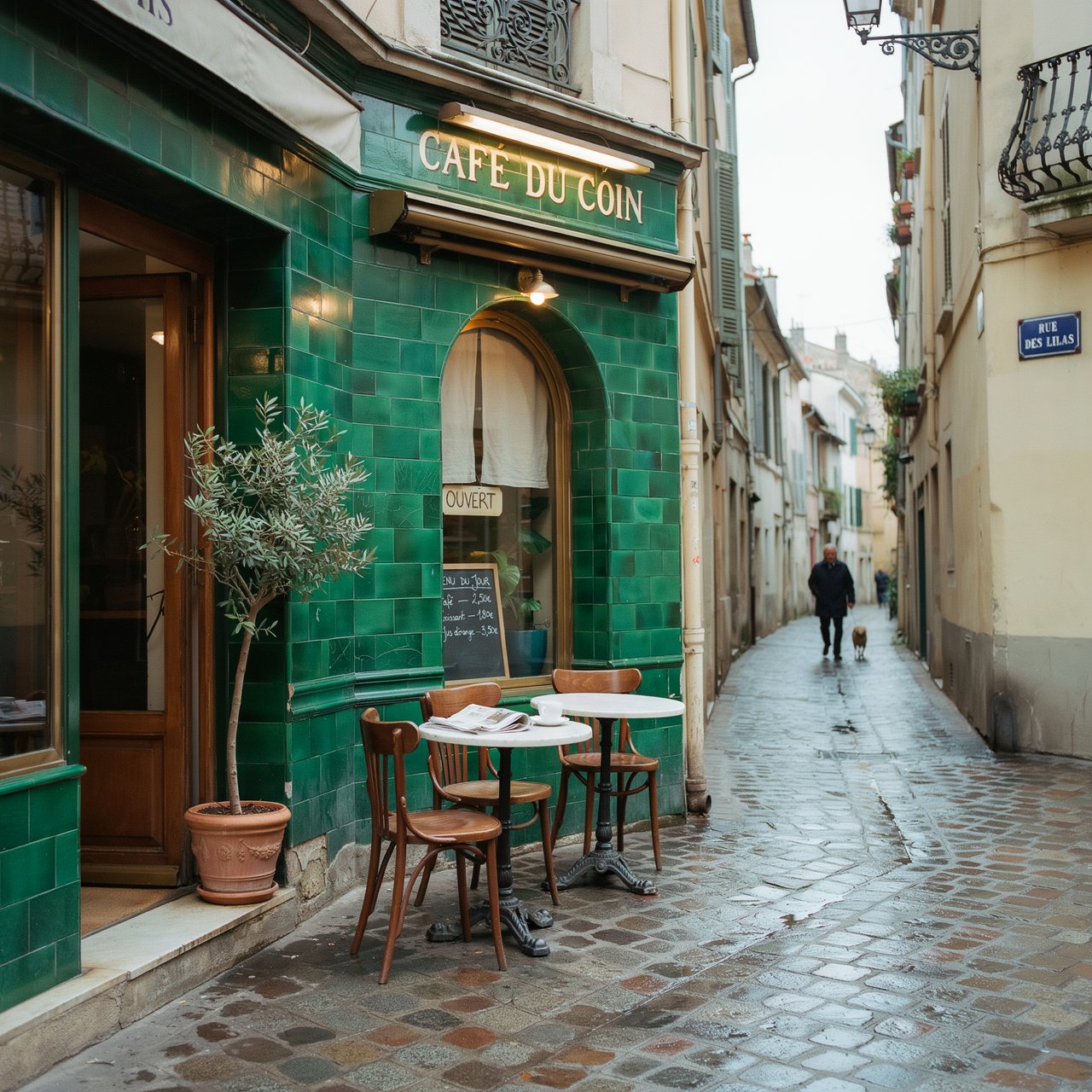 A tiny corner café in a narrow European street, green tiled facade, two bistro tables, morning light, no people. — Ideogram v4