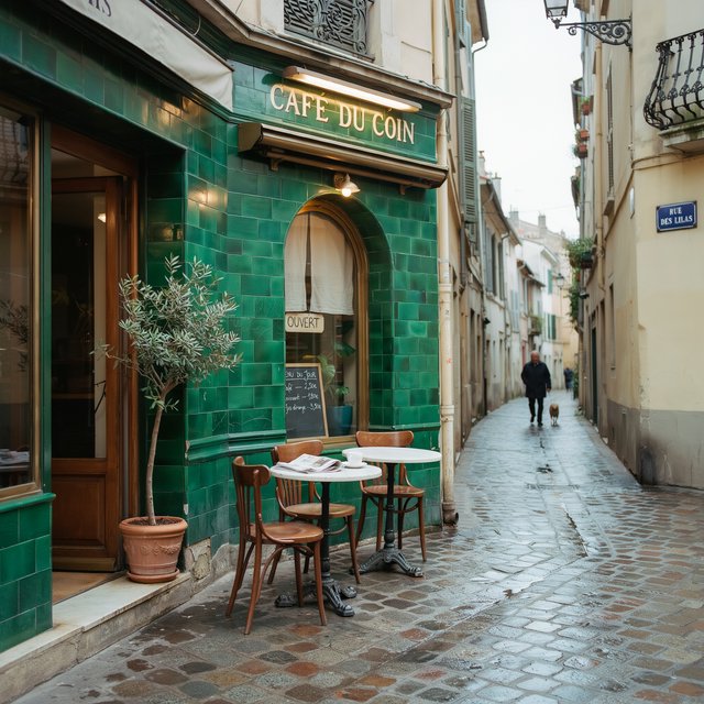 A tiny corner café in a narrow European street, green tiled facade, two bistro tables, morning light, no people. — Ideogram v4