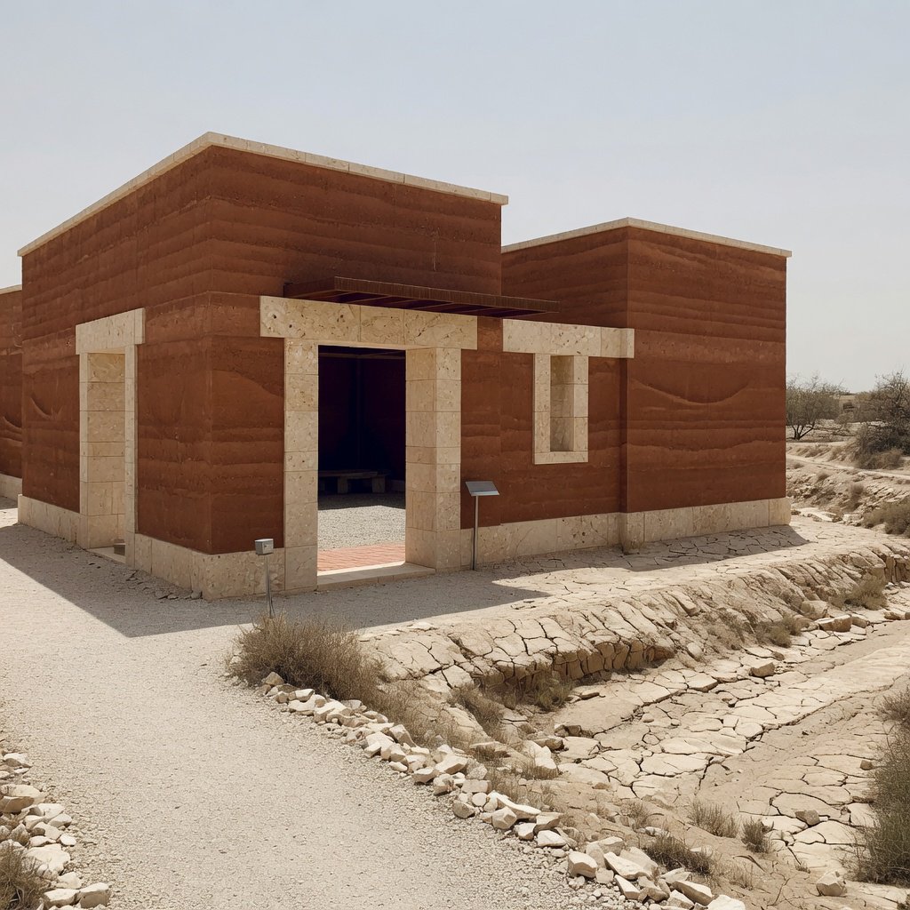 A contemporary desert visitor pavilion built from rust-colored rammed earth and pale limestone sits beside a dry wadi; deep shaded openings frame the courtyard. Hard midday sun, viewed from the gravel approach, crisp geometry and believable construction. — Grok Imagine Image Quality