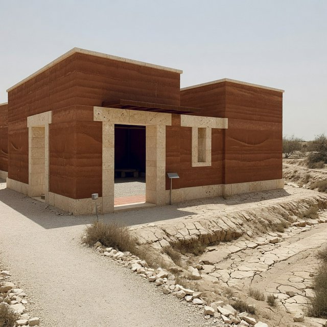 A contemporary desert visitor pavilion built from rust-colored rammed earth and pale limestone sits beside a dry wadi; deep shaded openings frame the courtyard. Hard midday sun, viewed from the gravel approach, crisp geometry and believable construction. — Grok Imagine Image Quality