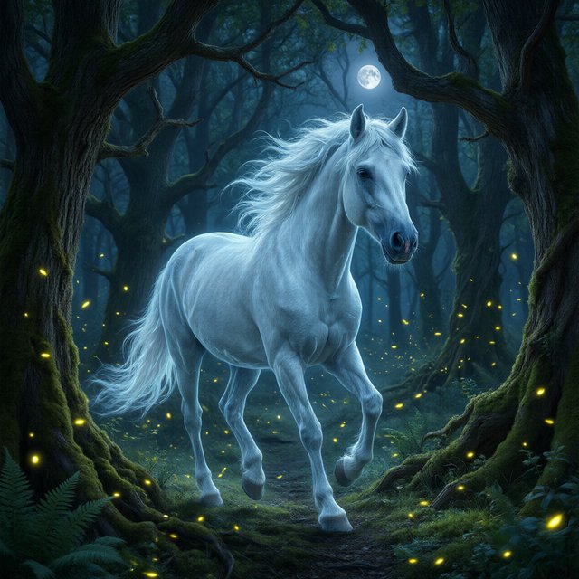 A majestic horse with a spectral mane and tail gallops through an enchanted, moonlit forest. Glimmering fireflies illuminate the path, casting an ethereal glow on ancient trees. The horse appears translucent, as if it's a phantom from another realm. The style is digital art, with surrealism and cinematic lighting to enhance the mysterious atmosphere — Qwen Image 3.0
