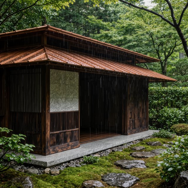 Exterior of a Kyoto-inspired contemporary teahouse in restrained Japanese timber architecture, charred cedar screens, pale granite, and a copper-clad roof; soft rain-bright afternoon light, viewed obliquely from a moss garden path, precise joinery and credible structure. — Kling v3 Omni