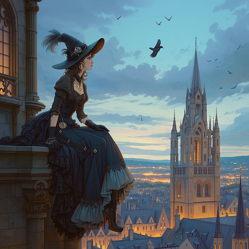 A whimsical gothic woman sitting on a ledge overlooking the city. — Midjourney Niji 7