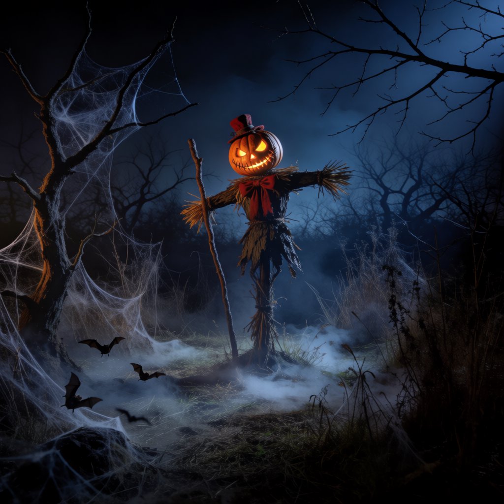 Chiaroscuro contrast, inner-lit glows, dense central detail fading into haze and velvety darkness. A pumpkin-headed scarecrow with a jack-o-lantern face, glowing eyes, stitched grin, bow tie, bark torso, and wooden staff stands in a night forest clearing with dry grass, cobwebs, bats, bare branches, — Krea 2 Medium