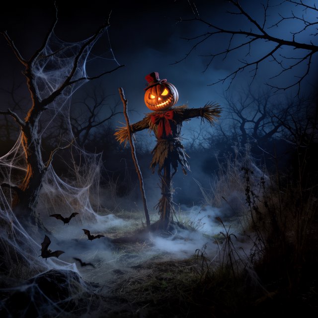 Chiaroscuro contrast, inner-lit glows, dense central detail fading into haze and velvety darkness. A pumpkin-headed scarecrow with a jack-o-lantern face, glowing eyes, stitched grin, bow tie, bark torso, and wooden staff stands in a night forest clearing with dry grass, cobwebs, bats, bare branches, — Model 12