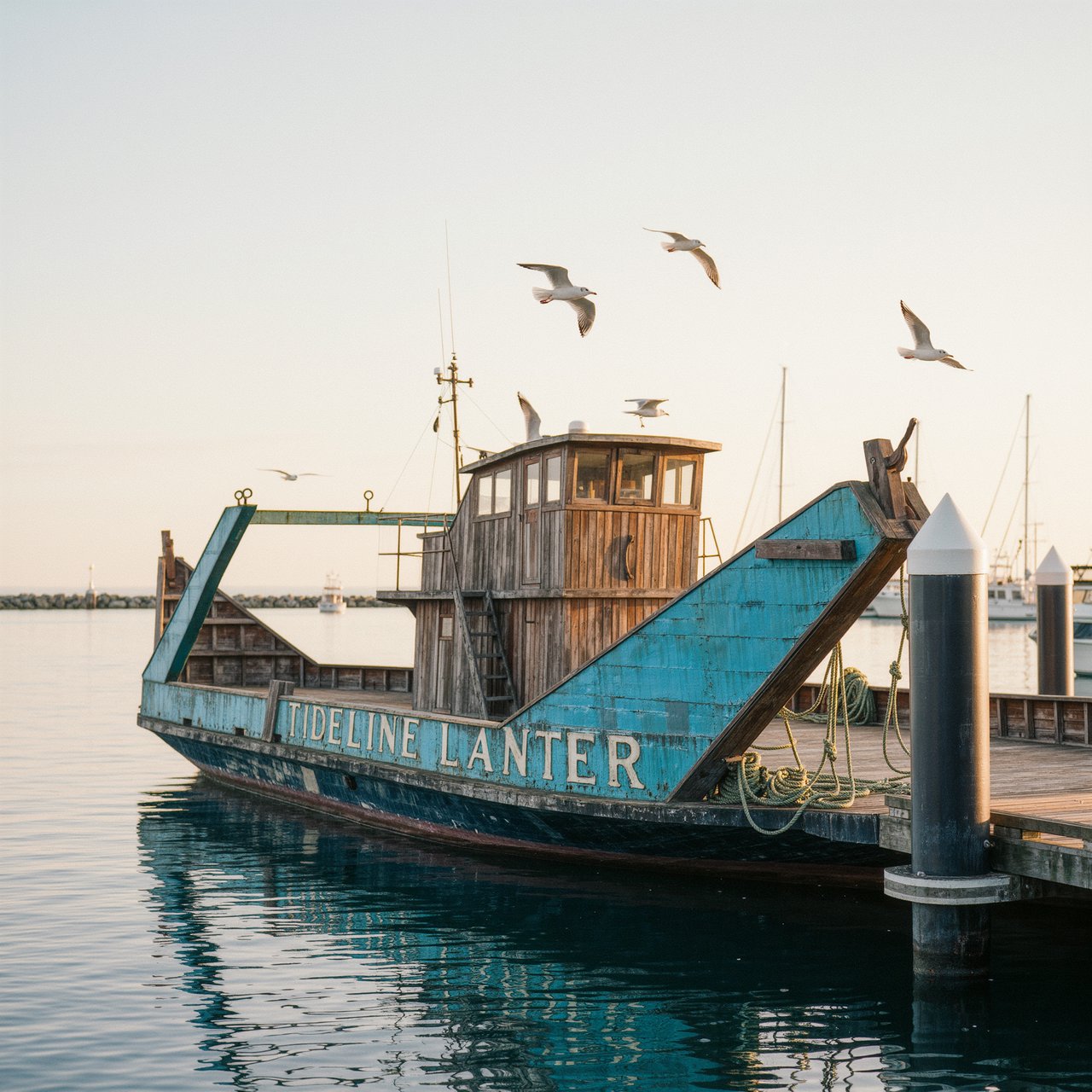 At a quiet harbor, a weathered wooden ferry rests beside slick pilings, ropes coiled on deck as gulls wheel overhead; "TIDELINE LANTERN" is painted in faded ivory letters along the blue hull. — Kling v3 Omni