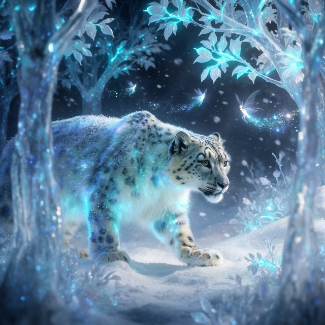 A majestic snow leopard, its fur shimmering with an internal bioluminescent glow, stalks through a frozen, enchanted forest. Crystalline trees with glowing, frost-covered leaves create a magical winter wonderland. Tiny, winged sprites flit between the branches, leaving trails of stardust. The image should capture the essence of a fairytale winter scene with a touch of photorealism, emphasizing the mystical light and the creature's ethereal presence. — Model 11