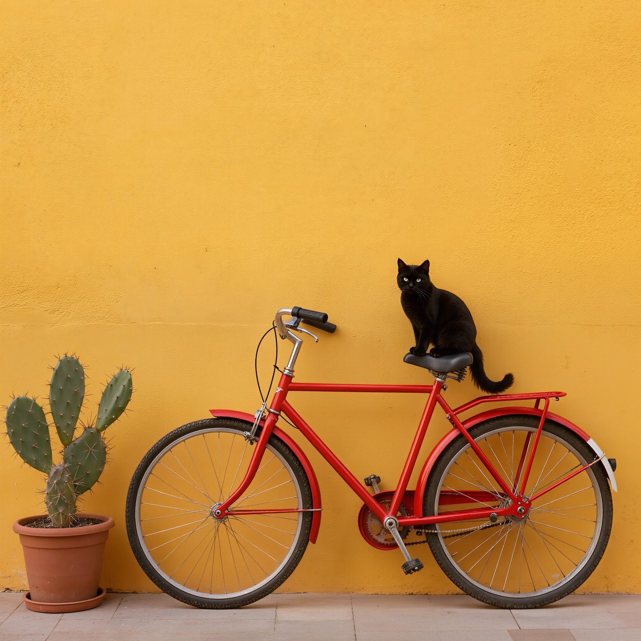 A red bicycle leaning against a yellow wall, a black cat sitting on the bicycle's saddle, a small potted cactus to the left of the bicycle. — Kling v3