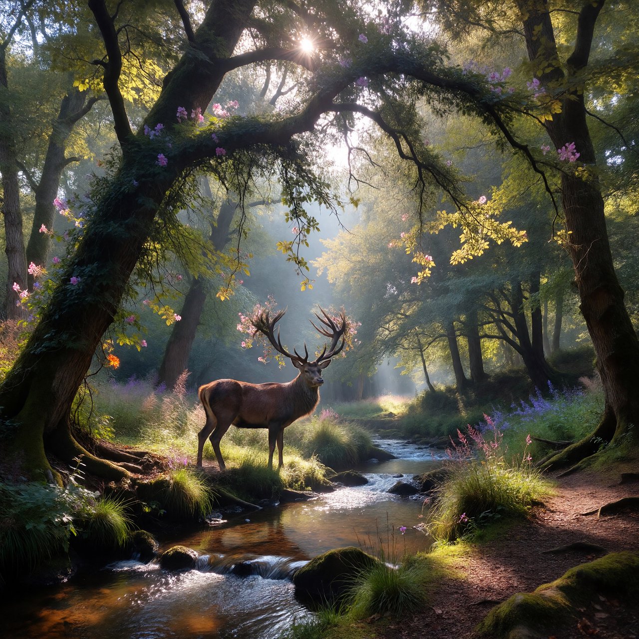 A majestic deer, its antlers intertwined with blooming vines, pauses by a crystal-clear stream in an enchanted glade. Sunlight filters through the canopy, dappling the forest floor. This is an oil painting with a rich, textured surface, capturing the dreamlike atmosphere of the scene. — ImagineArt 1.5 Pro