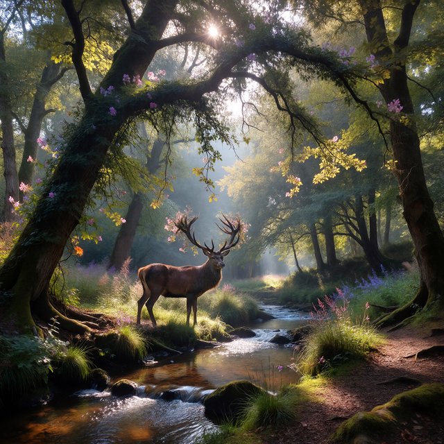 A majestic deer, its antlers intertwined with blooming vines, pauses by a crystal-clear stream in an enchanted glade. Sunlight filters through the canopy, dappling the forest floor. This is an oil painting with a rich, textured surface, capturing the dreamlike atmosphere of the scene. — ImagineArt 1.5 Pro