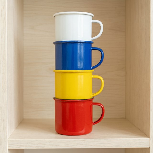 Exactly four enamel camping cups form a vertical tower on a pale wooden shelf, bottom to top: red, yellow, blue, white; all handles face right. Soft morning light, nothing else. — Qwen Image 3.0 Pro