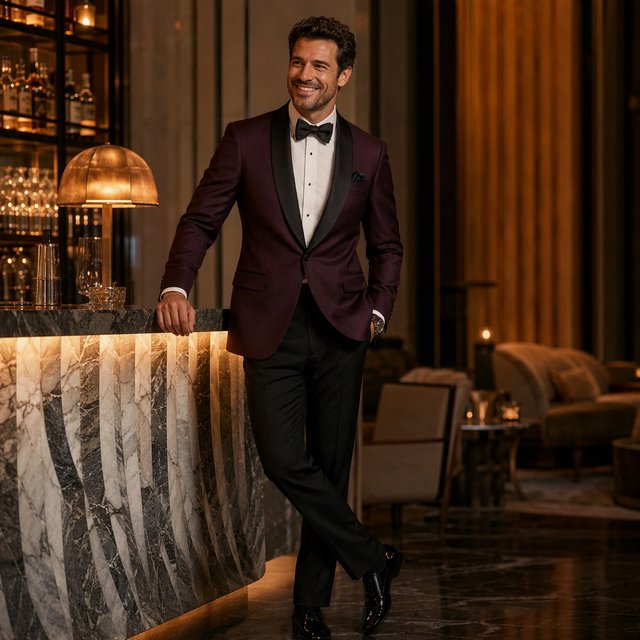 Editorial glamour photograph of an adult man in a midnight-plum dinner jacket and black trousers, standing naturally beside a sculptural marble bar in a quiet hotel lounge, flattering amber light, easy smile, polished editorial elegance. — GPT Image 2