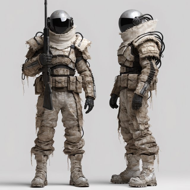 Character design sheet of a desert ranger in layered sand-coloured armour with a long rifle, front and side view, neutral background. — Recraft v4