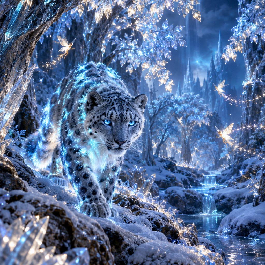 A majestic snow leopard, its fur shimmering with an internal bioluminescent glow, stalks through a frozen, enchanted forest. Crystalline trees with glowing, frost-covered leaves create a magical winter wonderland. Tiny, winged sprites flit between the branches, leaving trails of stardust. The image should capture the essence of a fairytale winter scene with a touch of photorealism, emphasizing the mystical light and the creature's ethereal presence. — GPT Image 2.5 Flare