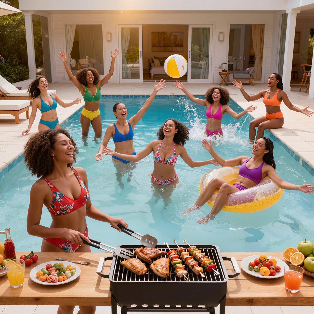 A group of women of all races wearing two-piece swimsuits are having fun near a clear blue pool at a huge house, with food being cooked nearby and everything. Show many full angles. — Kling v3