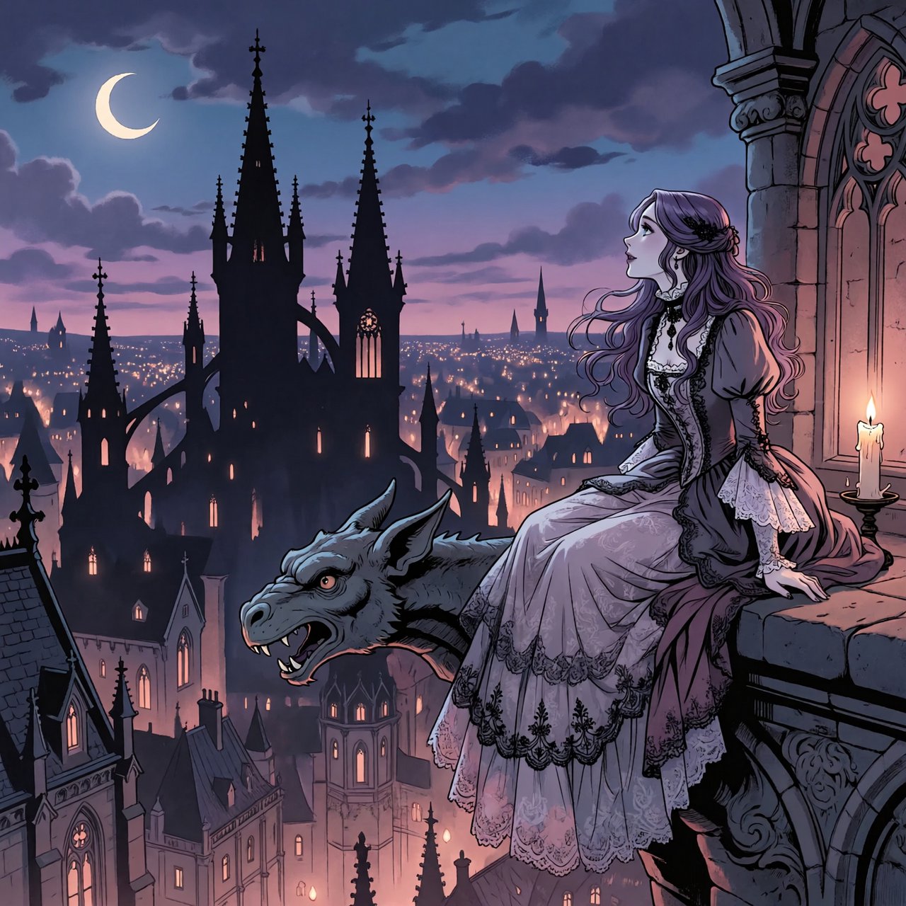 A whimsical gothic woman sitting on a ledge overlooking the city. — ImagineArt 2