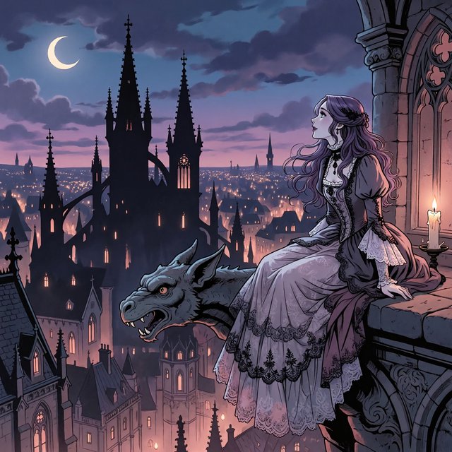 A whimsical gothic woman sitting on a ledge overlooking the city. — ImagineArt 2