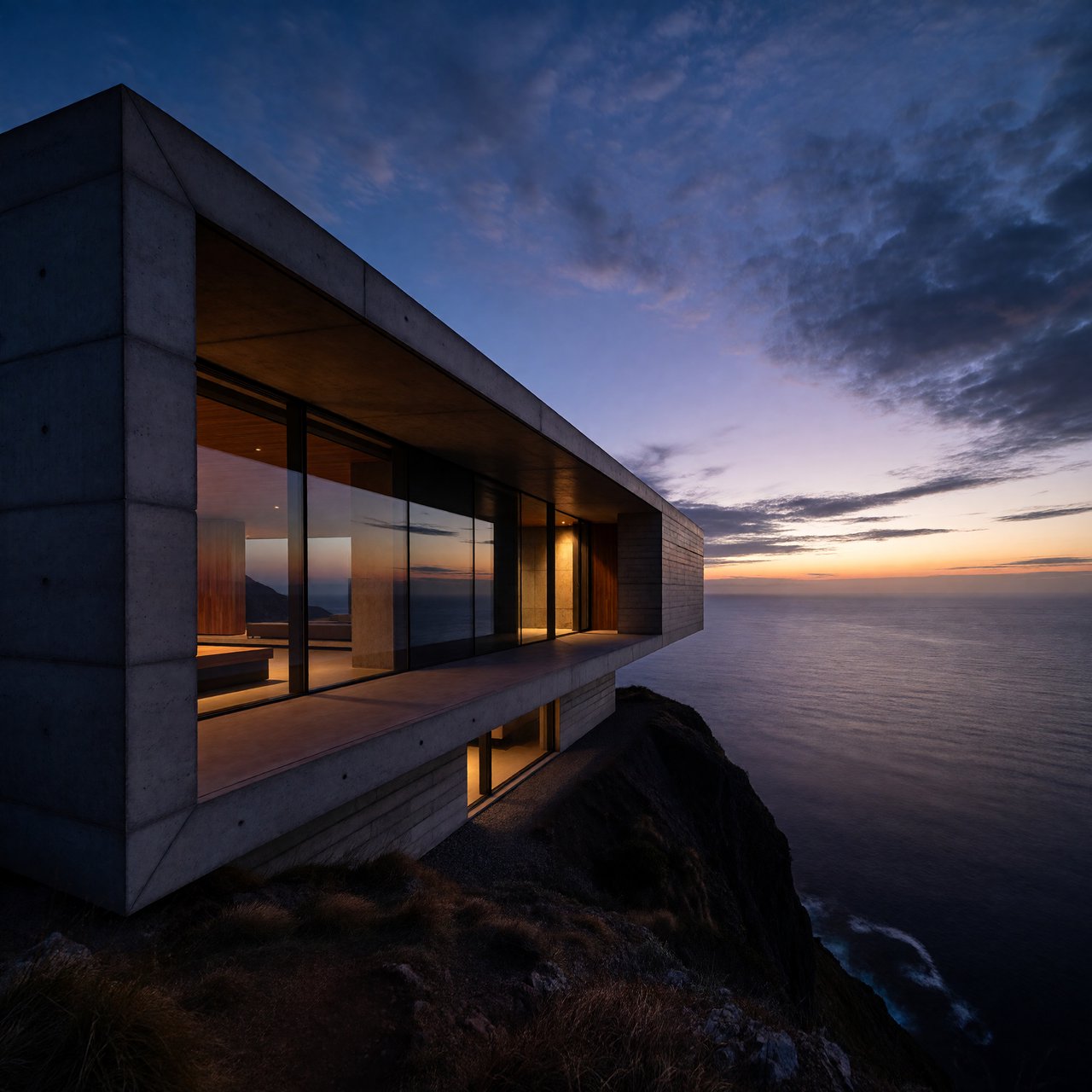 Exterior of a small concrete-and-glass house on a cliff above the sea, dusk, interior lights on, architectural photography. — ImagineArt 1.5 Pro