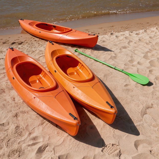 Exactly three orange kayaks rest on a sandy shore: two side by side in the foreground and one behind them near the water. A green paddle lies to the right of the kayaks, nothing else. — Kling v3