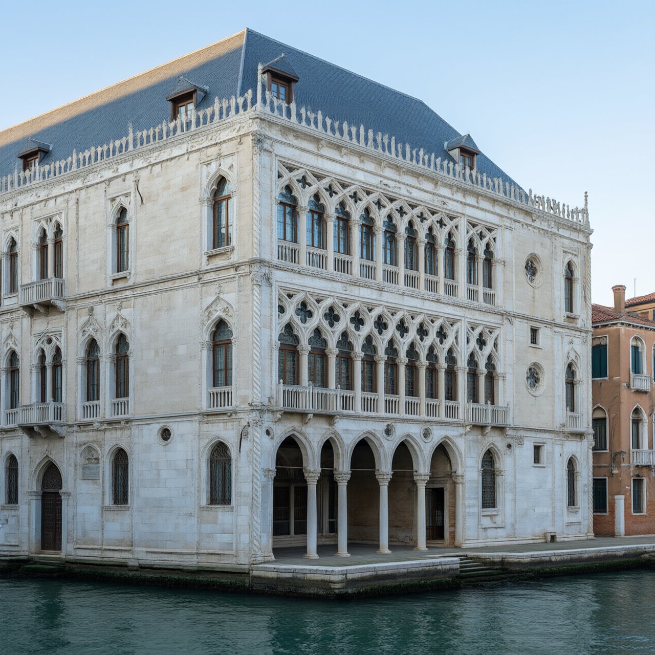 Exterior of a Venetian Gothic opera house beside a quiet canal, pale Istrian limestone, pointed arches, quatrefoil tracery, and a steep slate roof; cool morning light, viewed from across the water, crisp masonry lines and believable structure. — Qwen Image 3.0