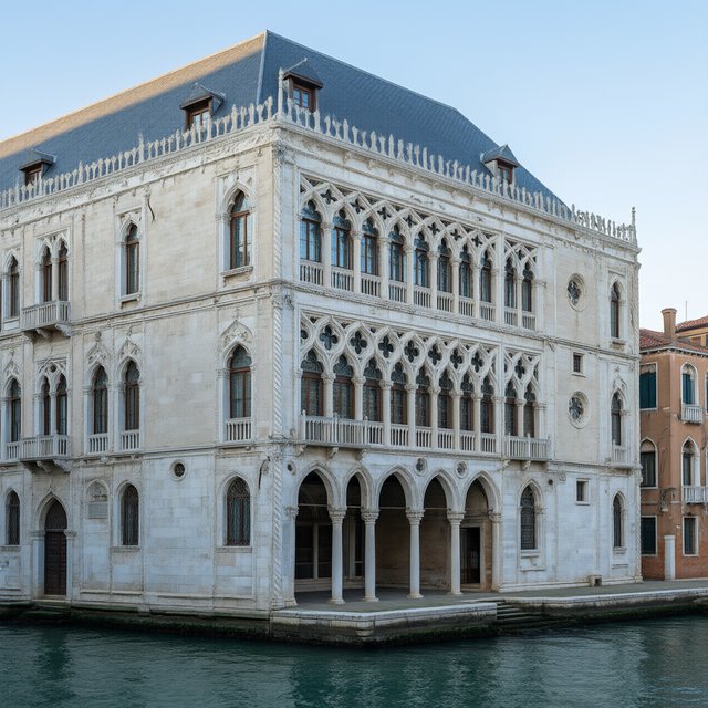 Exterior of a Venetian Gothic opera house beside a quiet canal, pale Istrian limestone, pointed arches, quatrefoil tracery, and a steep slate roof; cool morning light, viewed from across the water, crisp masonry lines and believable structure. — Qwen Image 3.0
