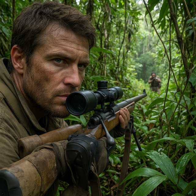 An adult sniper concealed in dense jungle foliage, aiming at a distant target, with a close-up view of his focused face. — Model 14