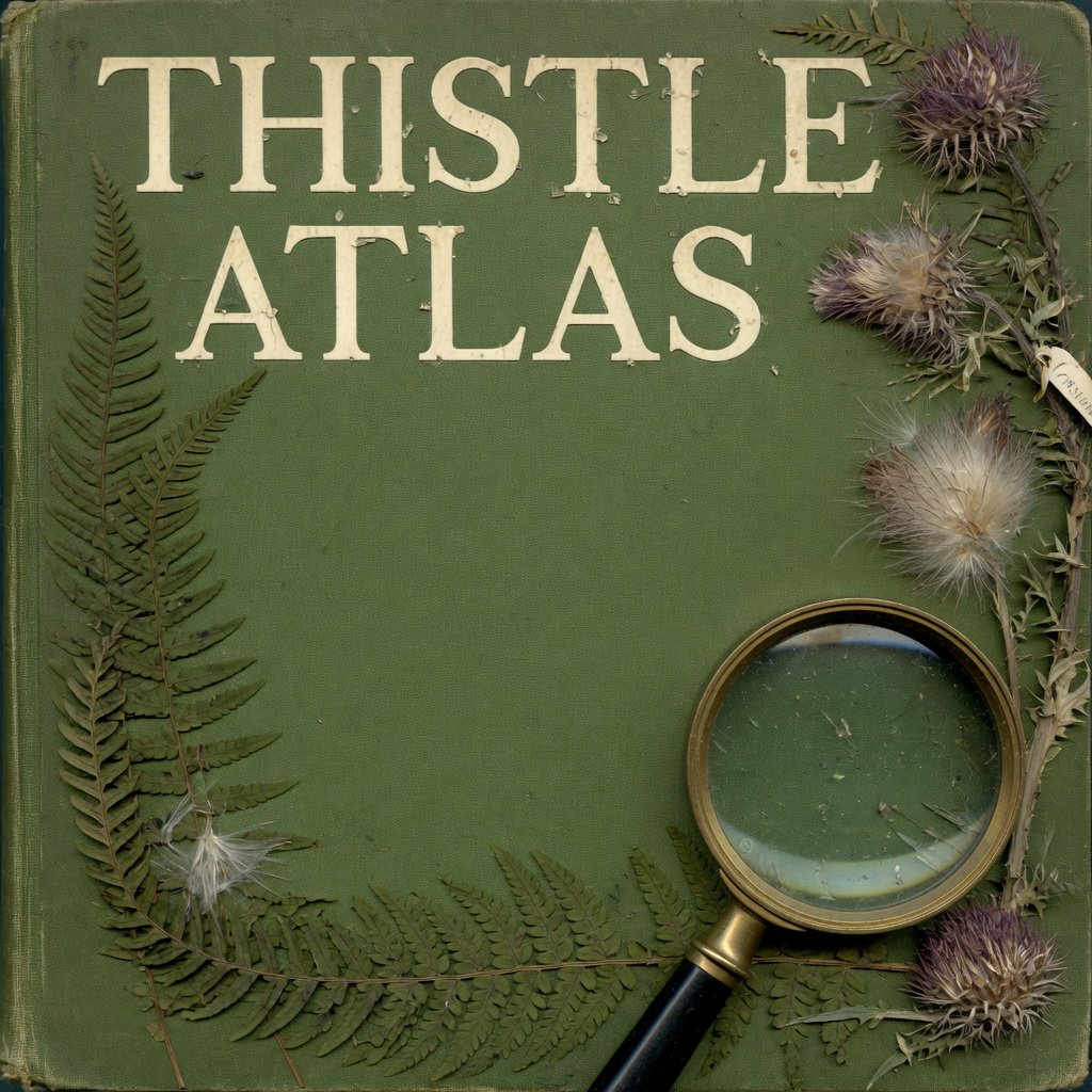 Pressed fern fronds, seed pods, and a magnifying lens frame a naturalist’s field-guide book cover on moss-green cloth; “THISTLE ATLAS” spans the upper third in hand-cut ivory serif capitals, with no other legible writing. — Grok Imagine Image Quality