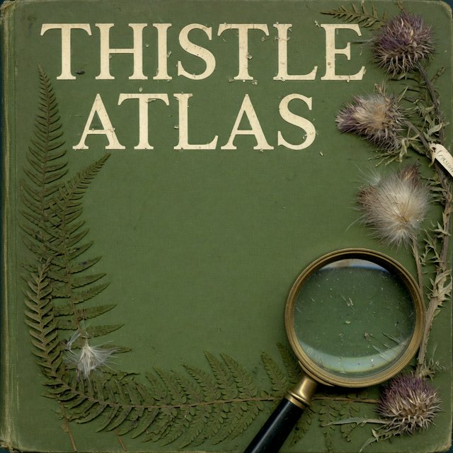 Pressed fern fronds, seed pods, and a magnifying lens frame a naturalist’s field-guide book cover on moss-green cloth; “THISTLE ATLAS” spans the upper third in hand-cut ivory serif capitals, with no other legible writing. — Model 6