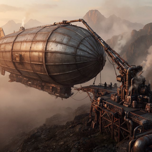Concept art of a weathered cargo airship docking at a mountaintop station, crew tiny for scale, late afternoon light. — Krea 2 Large
