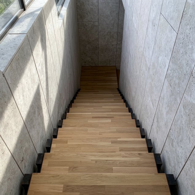 Beneath a pale limestone stairwell, a restrained mid-century modern interior frames a straight oak stair with blackened-steel stringers and limestone landings; afternoon clerestory light, viewed from the upper landing, reveals credible connections and aligned geometry. — Krea 2 Large