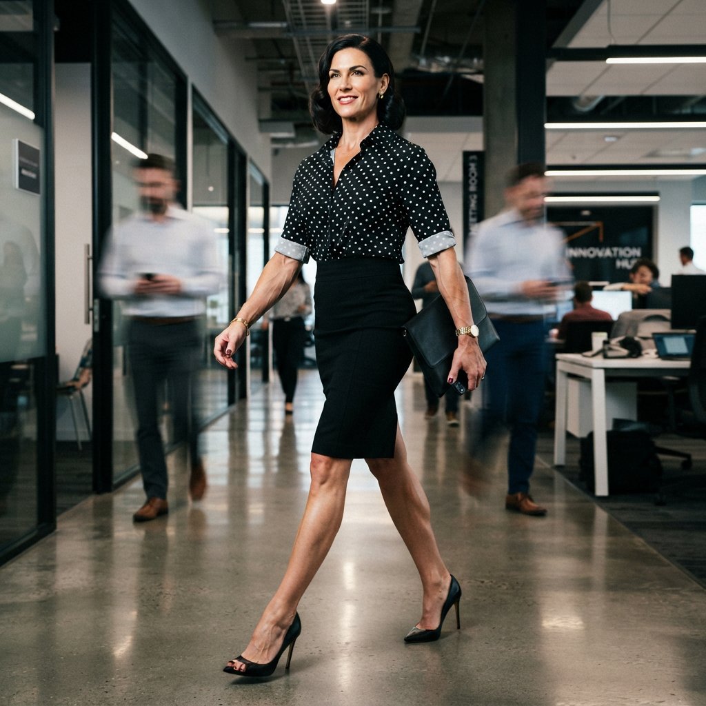 A tall, muscular businesswoman with strong, defined arms strides through a modern office hallway wearing a tailored polka dot blouse and pencil skirt, paired with pointed-toe high heels showing a polished pedicure. Her expression is assertive and self-assured, dynamic motion blur in the background, dramatic studio lighting, high-fashion editorial style — Nano Banana 2 Lite