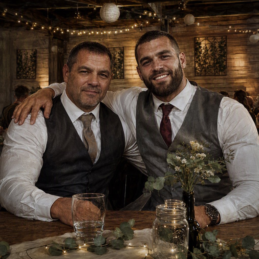 (Character1: rugby player body type, tall, brunet male, age 30, buzzcut hair and neatly groomed matching beard). Medium eye-level shot, photorealistic, two men seated at a wooden banquet table: the left middle-aged man wears a white dress shirt, charcoal waistcoat, and taupe tie, with his right arm on the table; the right man, Character1, smiles directly at the camera, wearing a white dress shirt, grey waistcoat, maroon tie, and a watch on his left wrist, with his left arm draped over the first man's shoulder. In the foreground: a table runner with eucalyptus sprigs, small fairy lights, a bottle holding flowers, a glass jar, and a water glass. Background: an exposed light horizontal wood plank wall with two decorative leaf panels, an exposed industrial ceiling with hanging paper lanterns, and fairy string lights. Warm, soft ambient overhead event lighting, natural indoor venue atmosphere, shallow depth of field. Art style: dramatic painterly realism with realistic skin texture, strong chiaroscuro, slightly gritty textured brushwork, fantasy illustration mood. — GPT Image 2