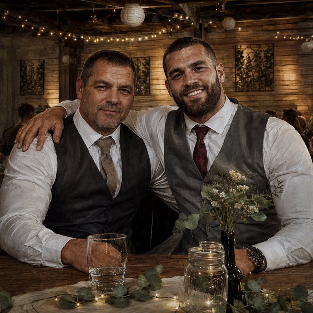 (Character1: rugby player body type, tall, brunet male, age 30, buzzcut hair and neatly groomed matching beard). Medium eye-level shot, photorealistic, two men seated at a wooden banquet table: the left middle-aged man wears a white dress shirt, charcoal waistcoat, and taupe tie, with his right arm on the table; the right man, Character1, smiles directly at the camera, wearing a white dress shirt, grey waistcoat, maroon tie, and a watch on his left wrist, with his left arm draped over the first man's shoulder. In the foreground: a table runner with eucalyptus sprigs, small fairy lights, a bottle holding flowers, a glass jar, and a water glass. Background: an exposed light horizontal wood plank wall with two decorative leaf panels, an exposed industrial ceiling with hanging paper lanterns, and fairy string lights. Warm, soft ambient overhead event lighting, natural indoor venue atmosphere, shallow depth of field. Art style: dramatic painterly realism with realistic skin texture, strong chiaroscuro, slightly gritty textured brushwork, fantasy illustration mood. — GPT Image 2